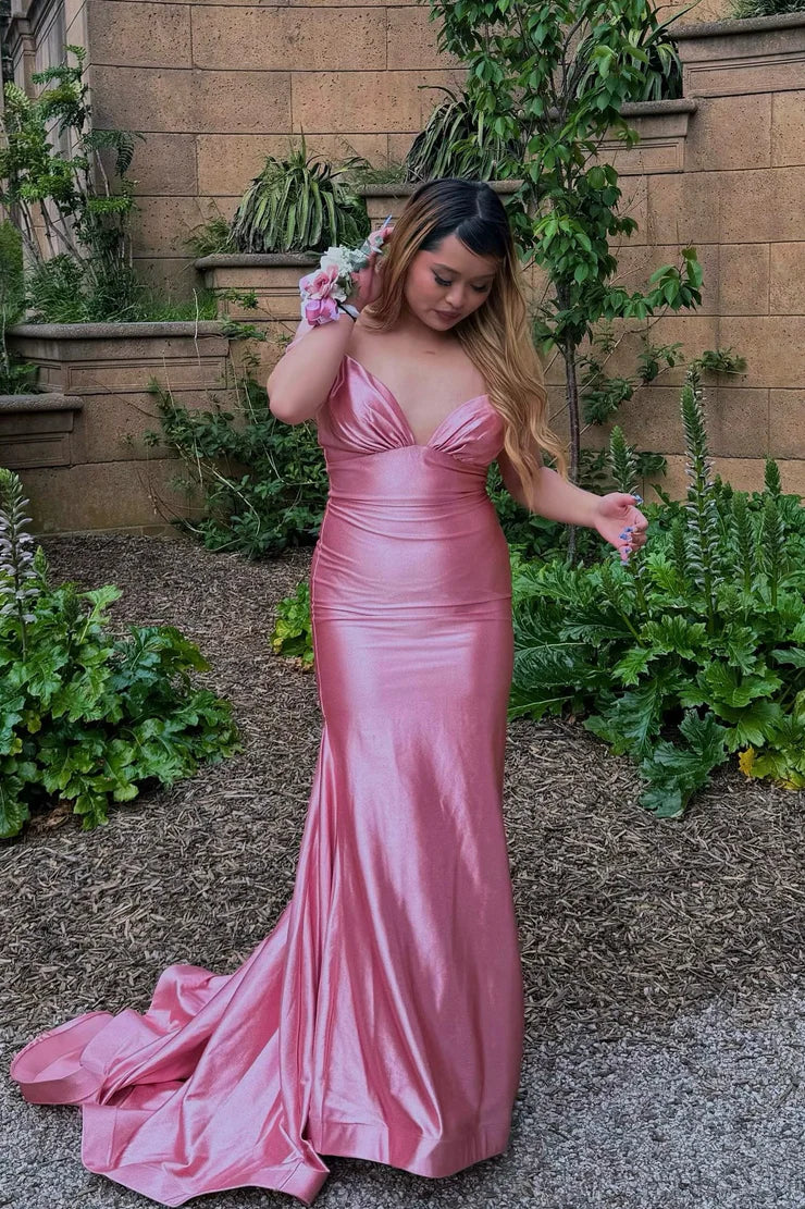 Charming Mermaid V Neck Pink Satin Long Prom Dress