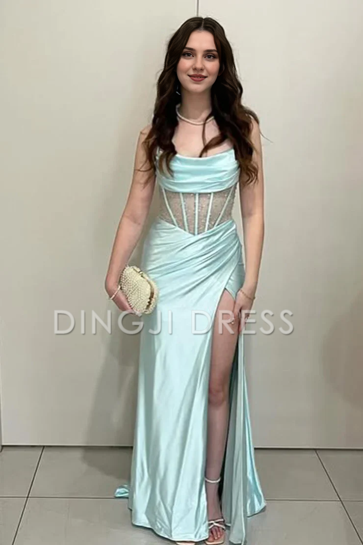 DingJiDress Charming Mermaid Spaghetti Straps Backless Corset with Split Front Fashion Prom Dress