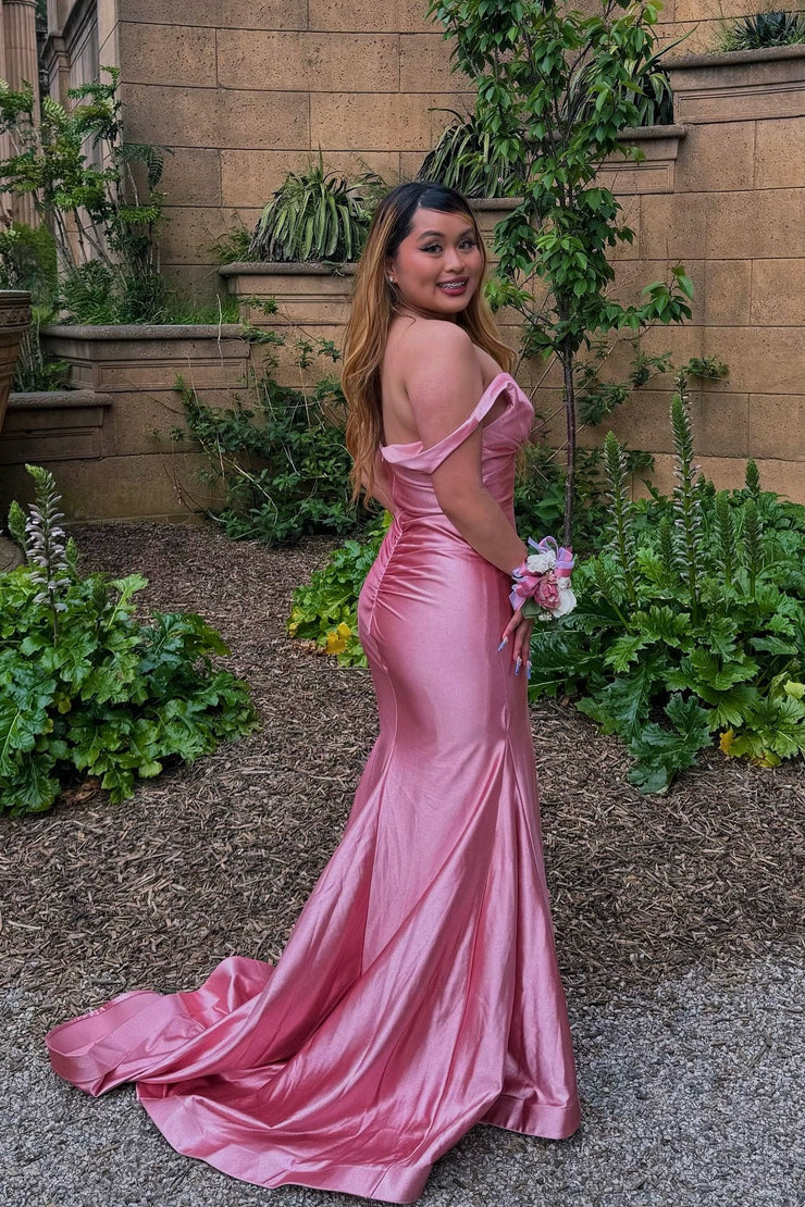 Charming Mermaid V Neck Pink Satin Long Prom Dress