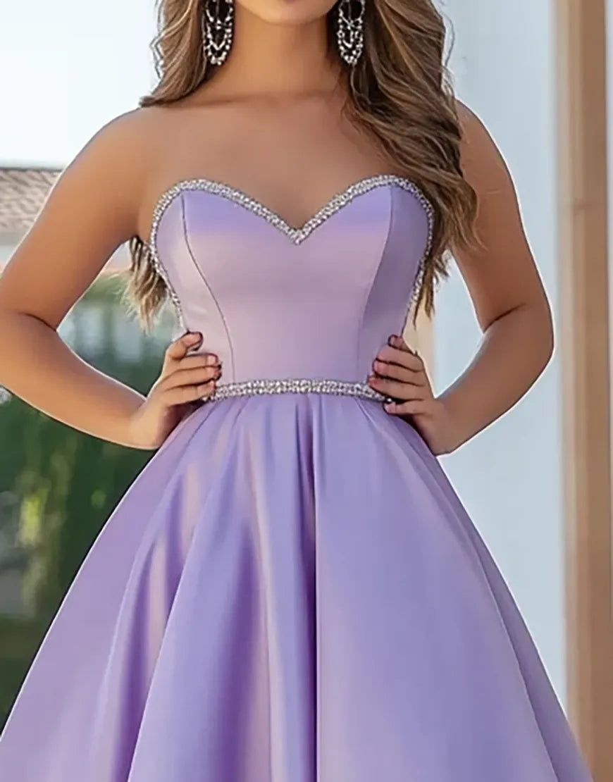 Light purple A-line satin long strapless ball gown