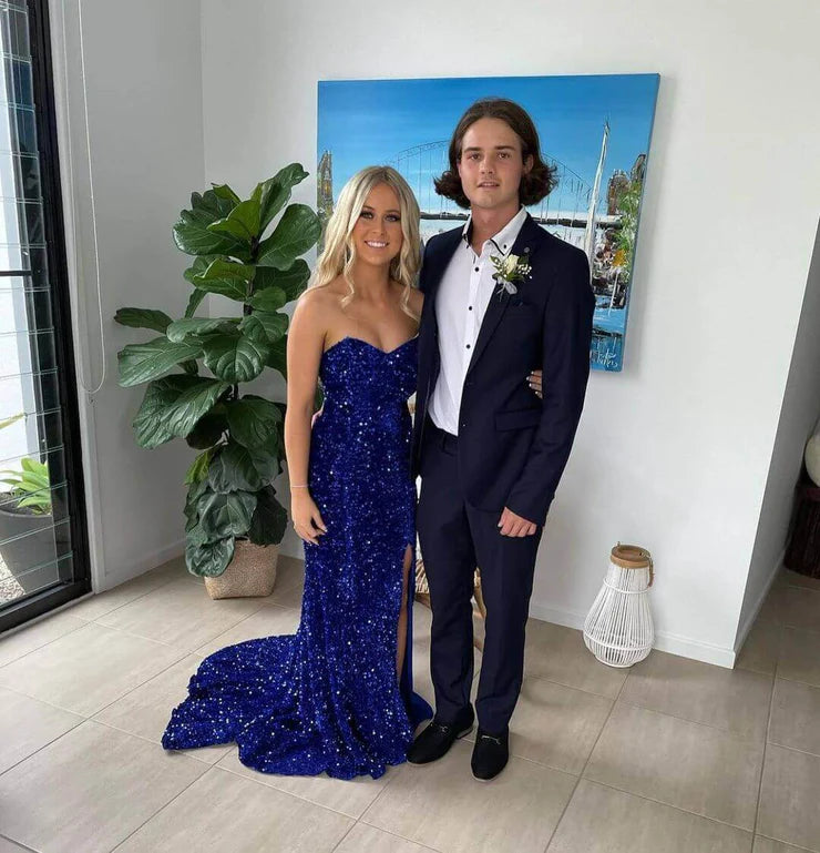 Charming Mermaid Sweetheart Royalblue Sequins Long Prom Dresses with Slit