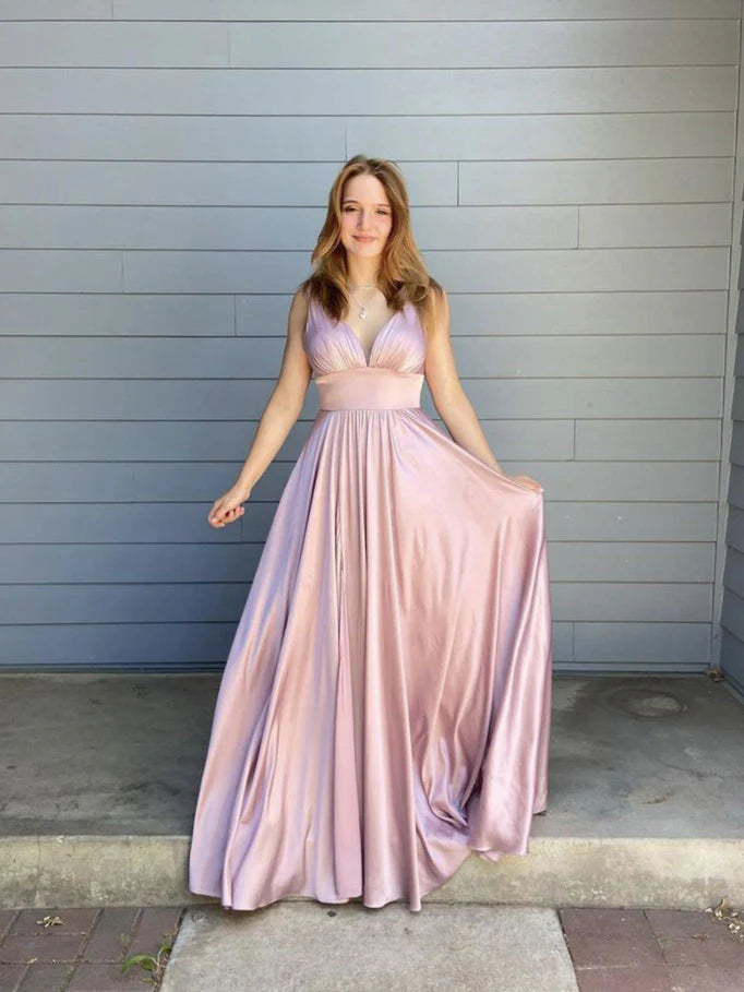 Simple pink satin long prom dress pink evening dress