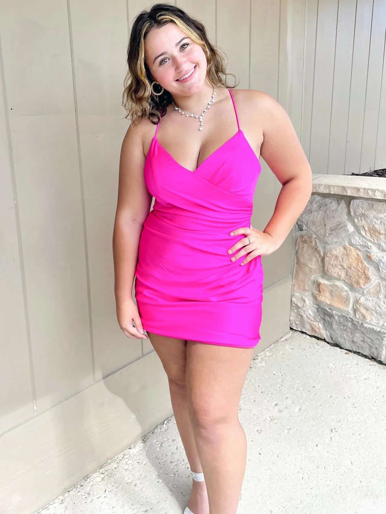 Hot Pink Halter Open Back Homecoming Dress