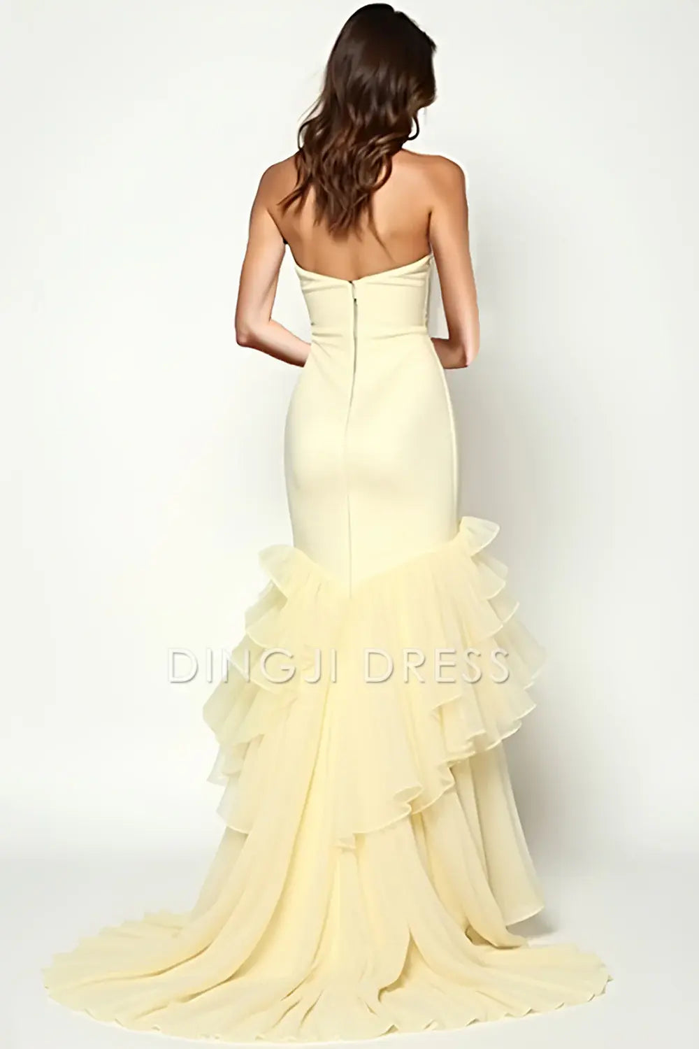 DingJiDress High Quality Dress Elegant Sheath Strapless Square Neck Tiers Ruffles Fashion Long Prom Dress