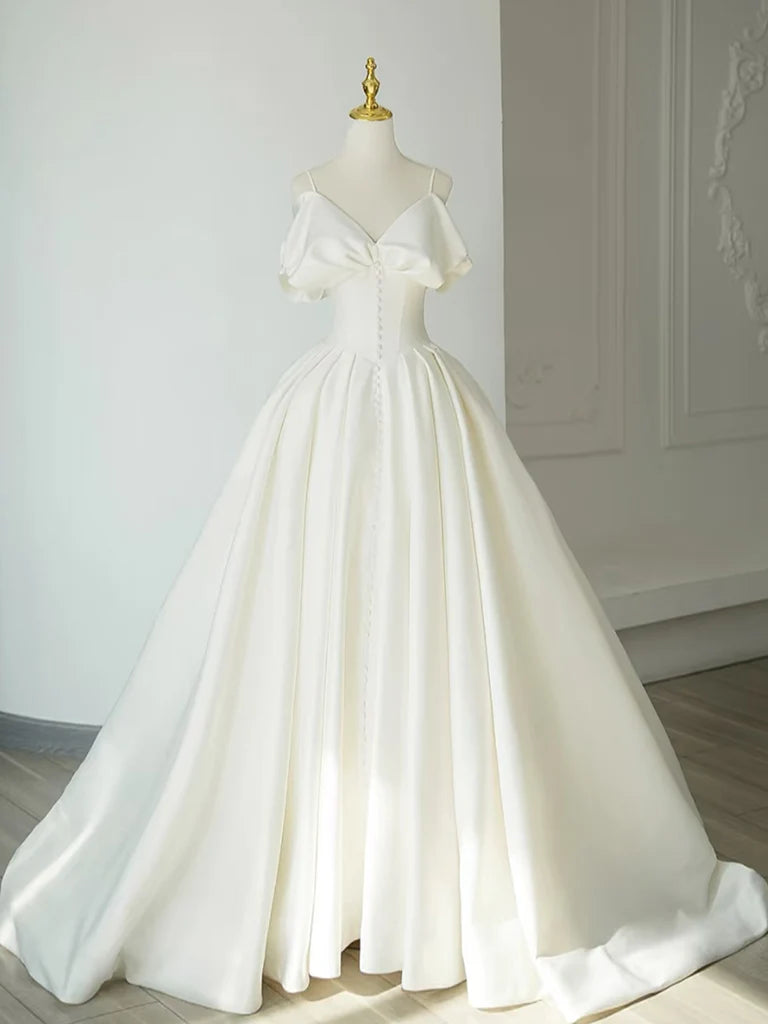 A-Line Off Shoulder Satin ivory Long Prom Dress ivory Long Formal Dress