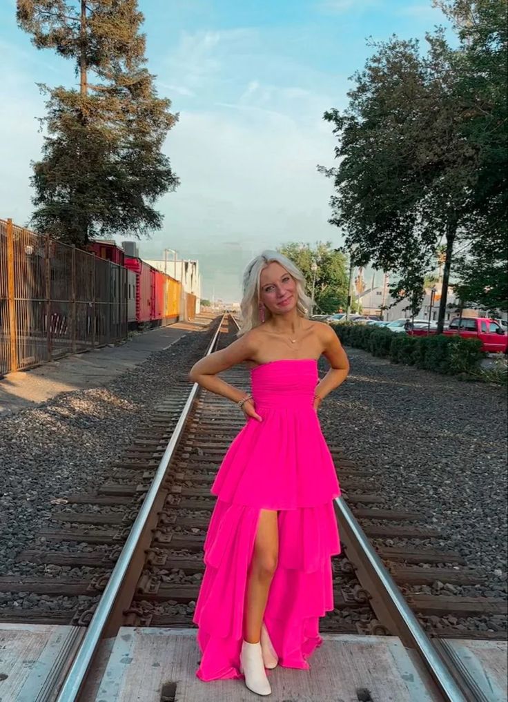 A Line Strapless Pink Satin Tiered Prom Dress