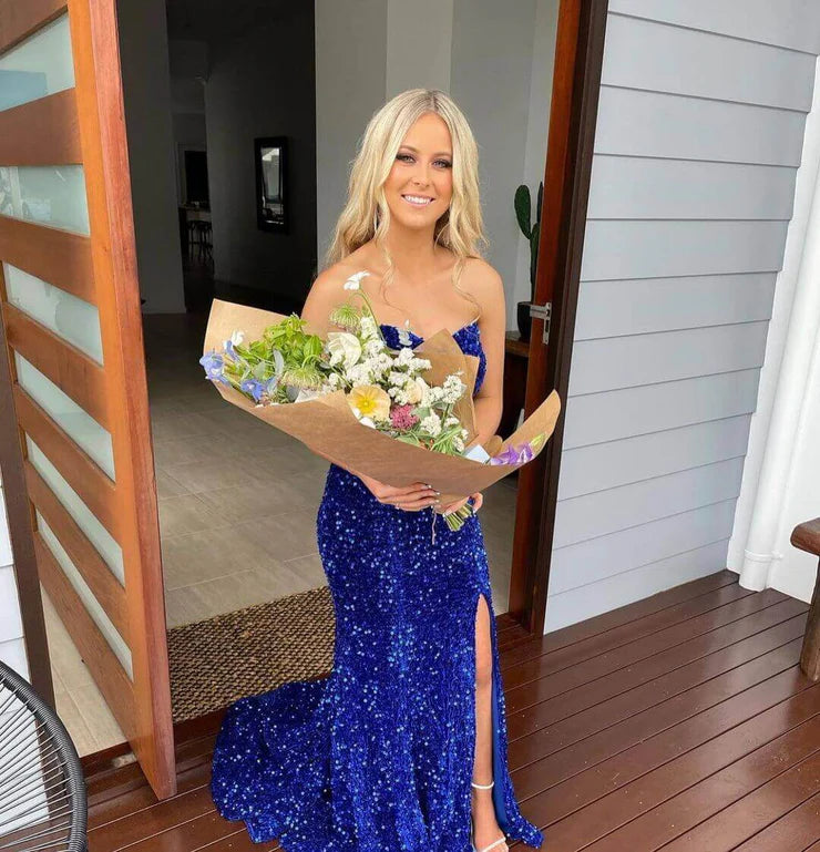 Charming Mermaid Sweetheart Royalblue Sequins Long Prom Dresses with Slit