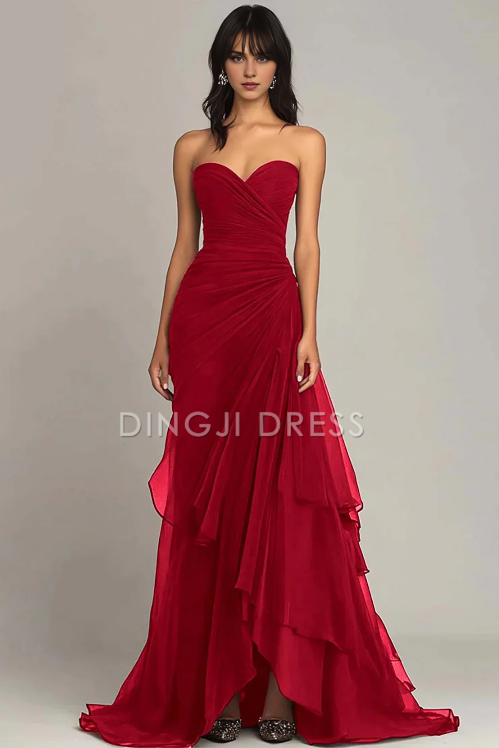 DingJiDress Gorgeous Mermaid Sweetheart Pleated Irregular Long with Ruffles Elegant Prom Dress