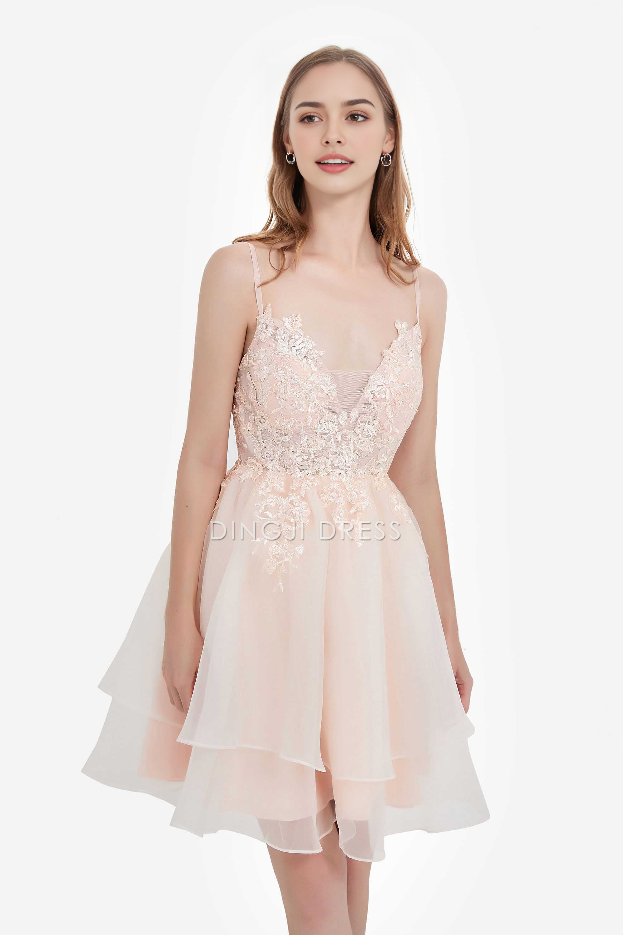 DingJiDress Hot Sale Homecoming Dress Elegant A Line V Neck Spaghetti Straps See-Through Lace Applique Bodice Backless Charming Short Dresses