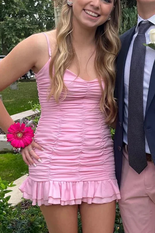 Spaghetti Straps V-Neck Ruffles Ruched Sleeveless Homecoming Dress