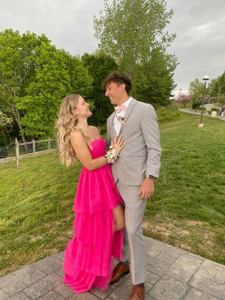 A Line Strapless Pink Satin Tiered Prom Dress