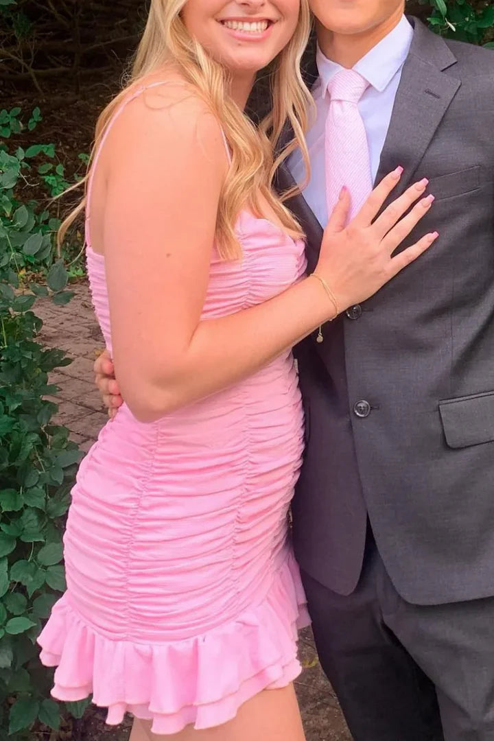 Spaghetti Straps V-Neck Ruffles Ruched Sleeveless Homecoming Dress