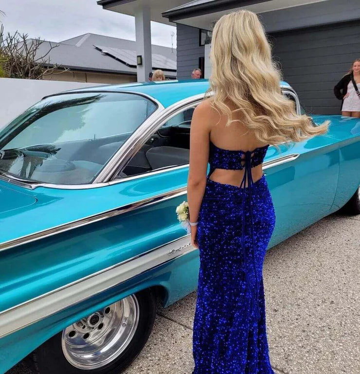 Charming Mermaid Sweetheart Royalblue Sequins Long Prom Dresses with Slit