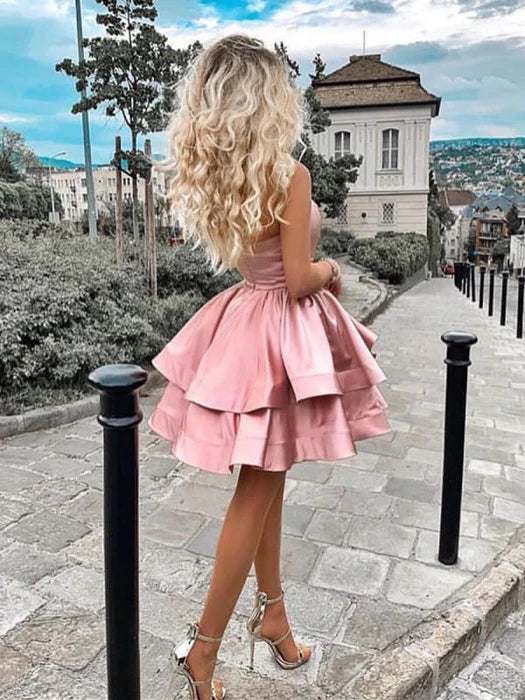 One Shoulder Layered Pink Short Prom Pink Layered Homecoming Pink Formal, Evening