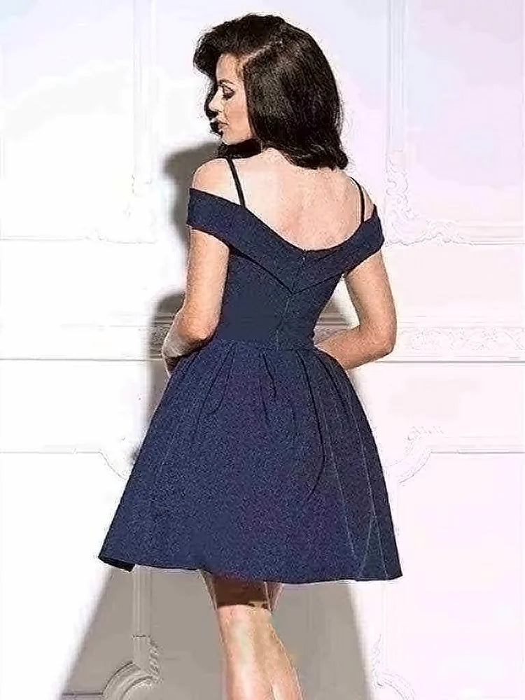 Simple Lilac Satin Spaghetti Strap Off the Shoulder Short Homecoming Dress