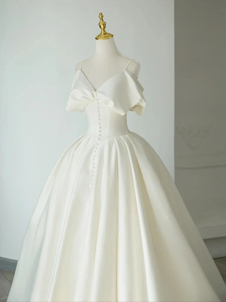 A-Line Off Shoulder Satin ivory Long Prom Dress ivory Long Formal Dress