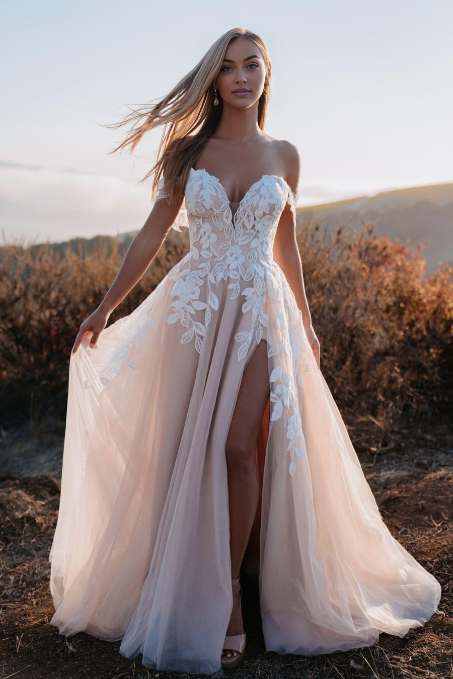 DingJiDress Wedding Dress Sexy V Neck Slit Lace Applique Bridal Backless Formal Women's Dresses