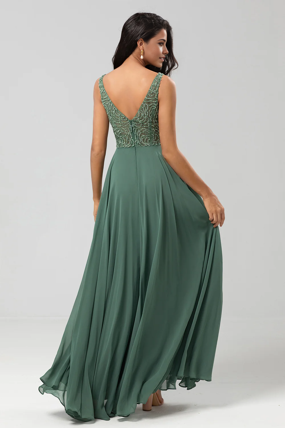 A-Line V Neck Beaded Long Twilight Elegant Prom Dresses
