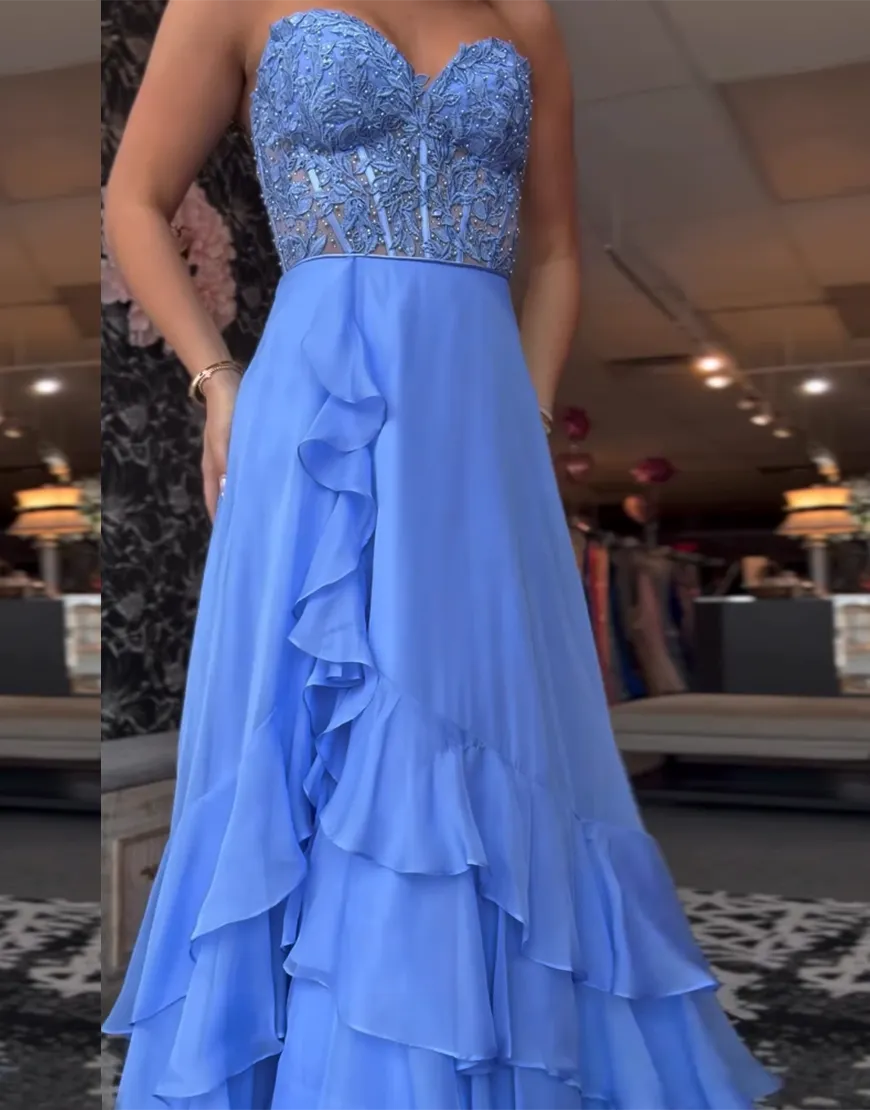 Blue long A-line waist cinched pleated strapless applique ball gown