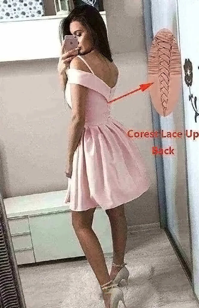 Simple Lilac Satin Spaghetti Strap Off the Shoulder Short Homecoming Dress