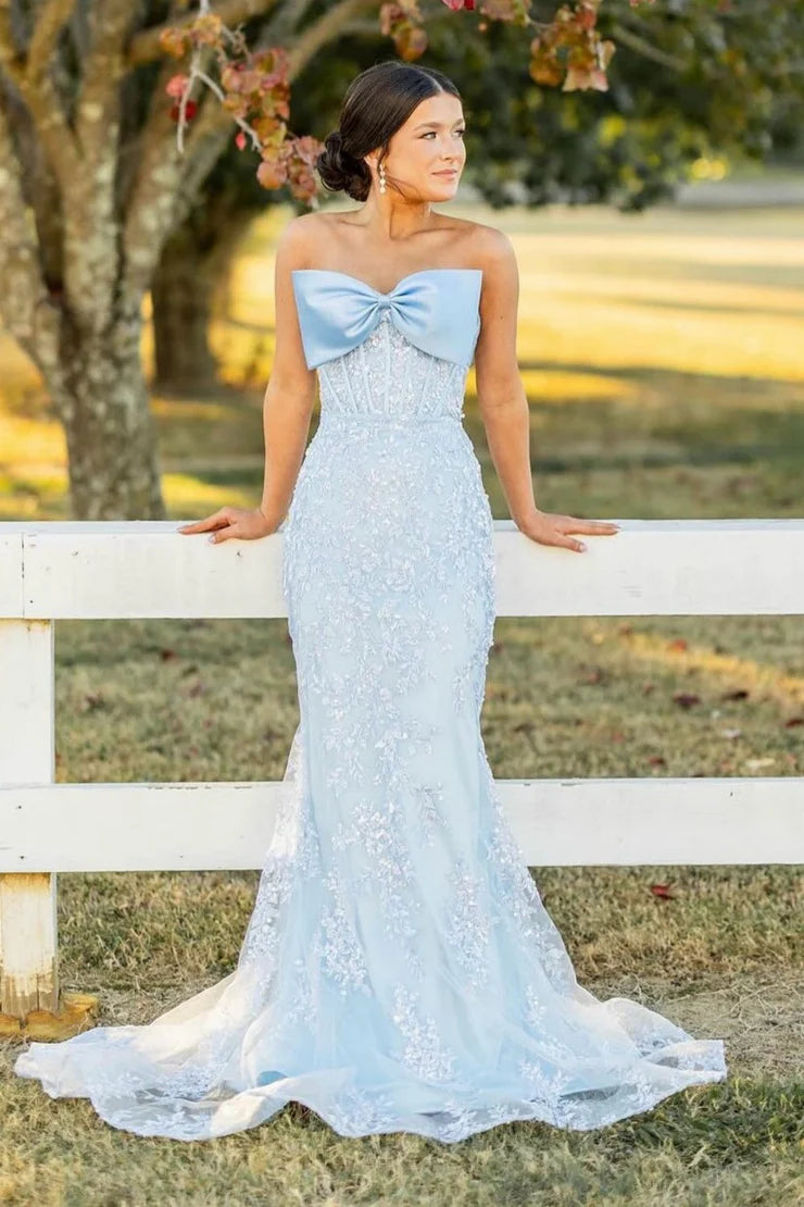 Mermaid strapless light blue sequined lace ball dress with bow tie