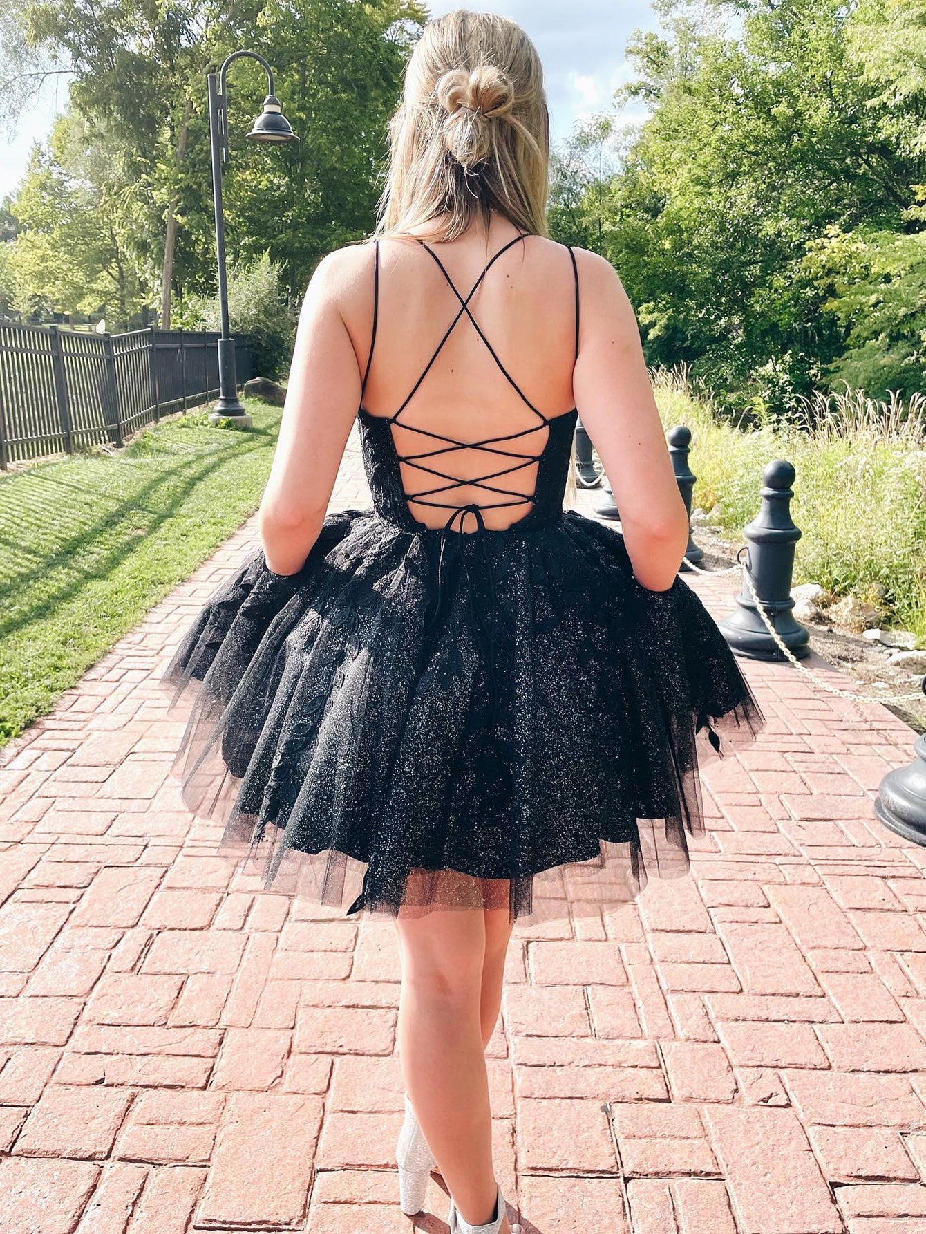 Black Spaghetti Straps Sparkly Homecoming Dress