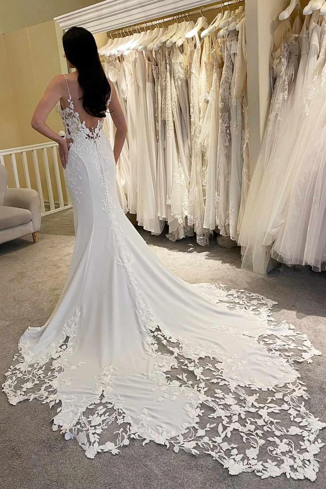 White V-Plunge Mermaid Long Wedding Dress