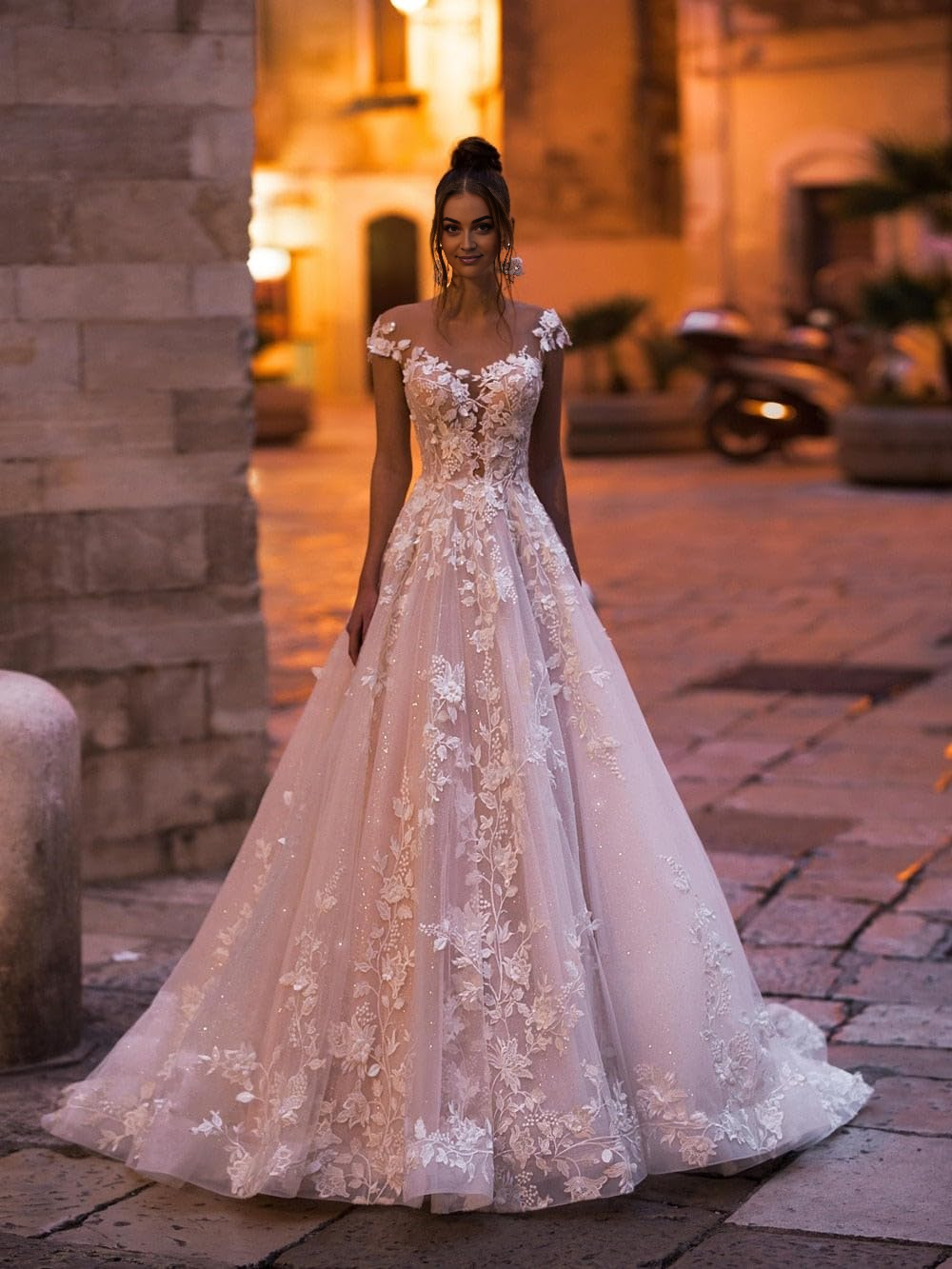 DingJiDress Wedding Dress A-Line V Back Sexy Elegant Glitter Lace Applique Floor Length Long Bridal Gown for Bride Formal Women's Dresses