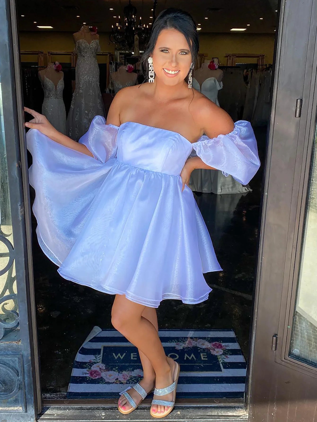 Light Blue Off the Shoulder A Line Homecoming Dress
