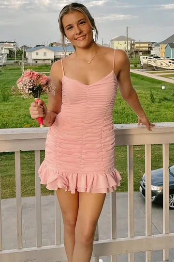 Spaghetti Straps V-Neck Ruffles Ruched Sleeveless Homecoming Dress