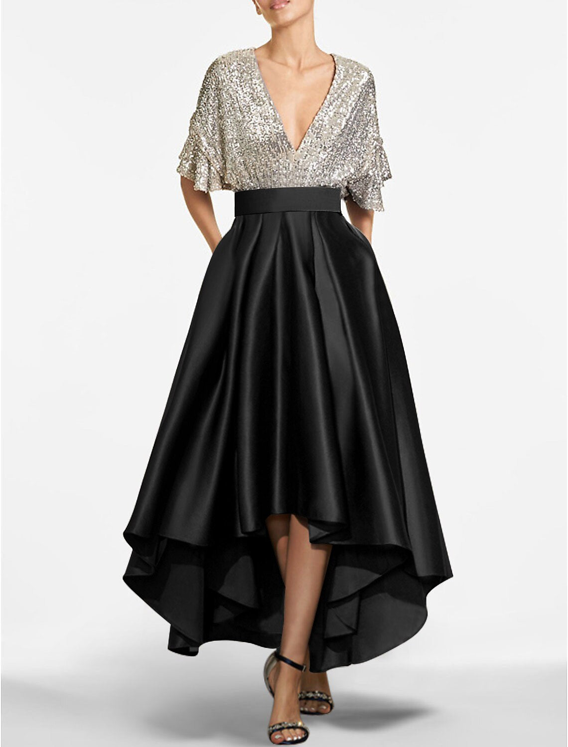 A-Line Cocktail Dresses Elegant Dress Cocktail Party Semi Formal Asymmetrical Short Sleeve Jewel Neck Fall Wedding Guest Satin with Sequin Derby Dresses