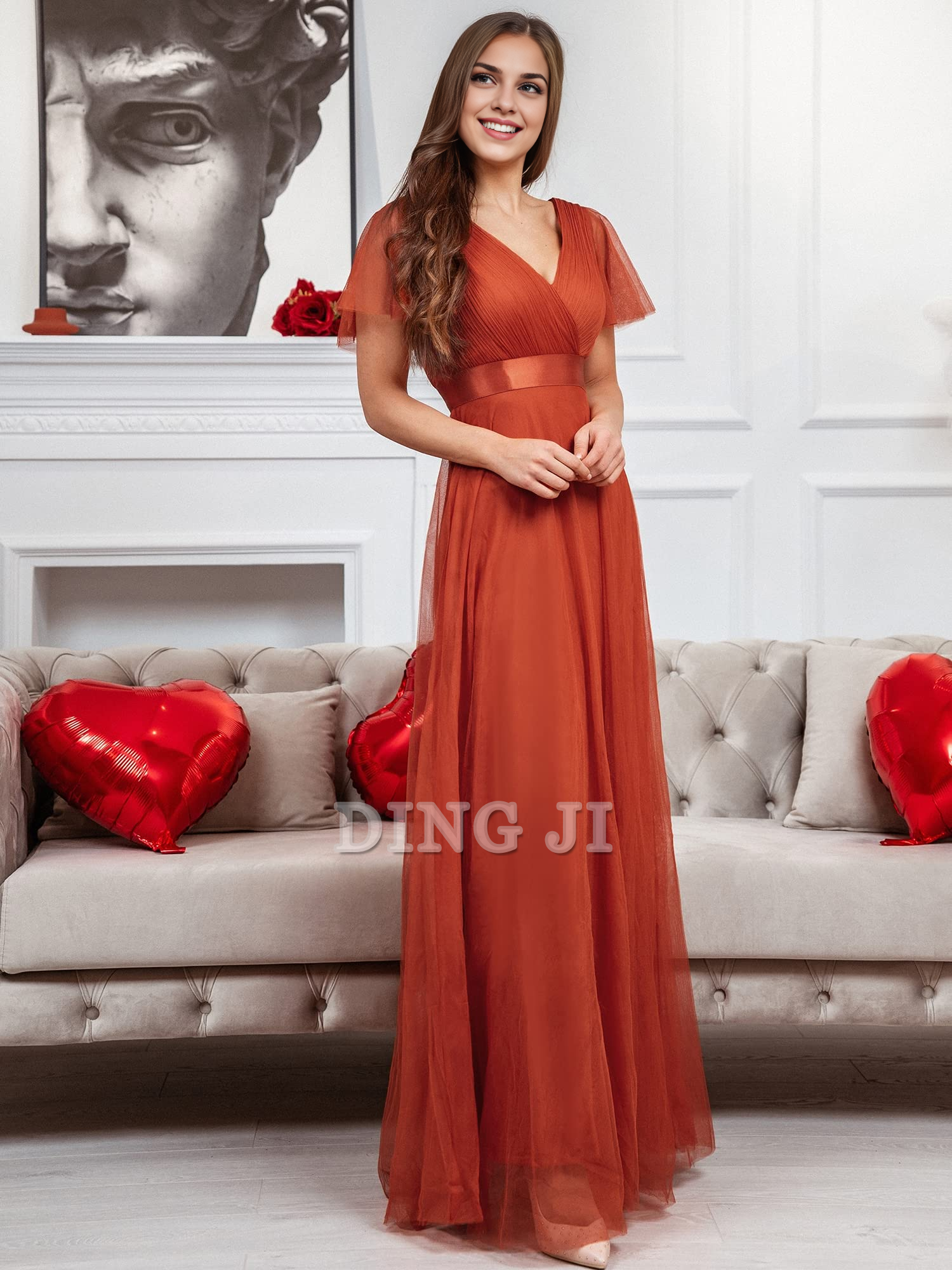 DingJiDress Bridesmaid Dresses Pleated V-Neck Empire Waist Front Wrap Romantic Tulle Elegant Formal Wear Dresses