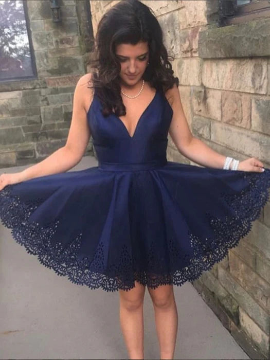Navy Blue V Neck Lace Short Prom Navy Blue Lace Homecoming Lace Navy Blue Short Formal Graduation Evening