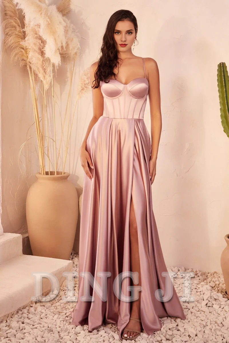 DingJiDress Bridesmaid Dresses Elegant Satin A-Line Spaghetti Strap Boned Corset Bodice Side Fork High Quality Dress Wedding Guests Dresses