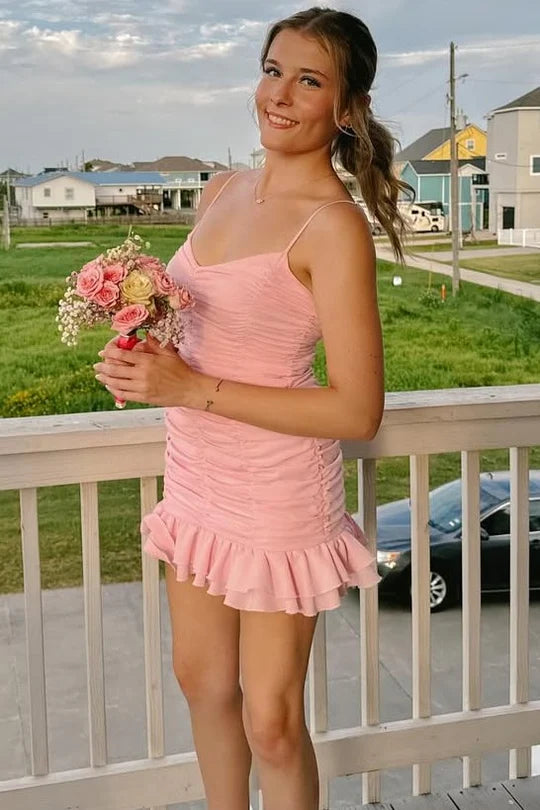 Spaghetti Straps V-Neck Ruffles Ruched Sleeveless Homecoming Dress