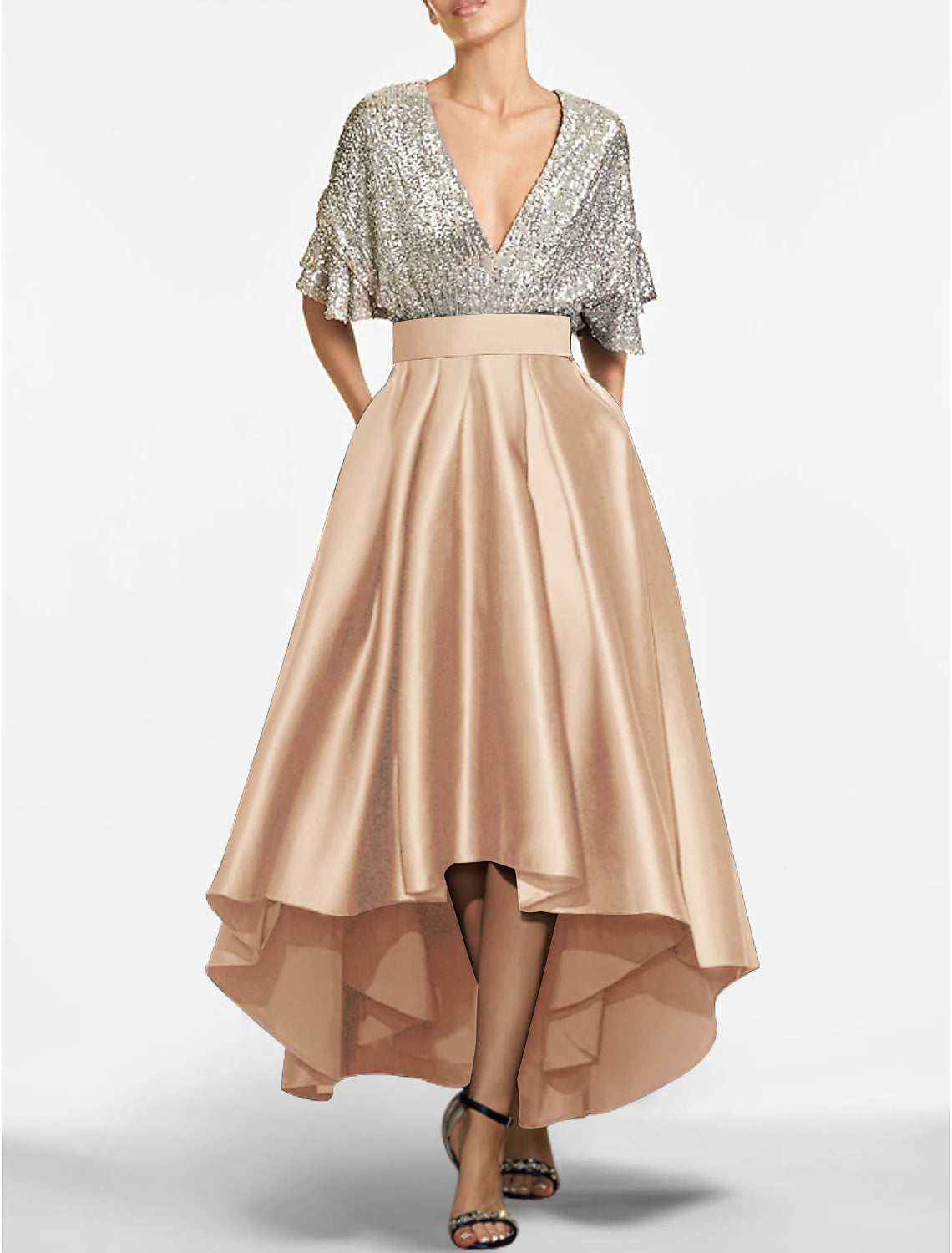 A-Line Cocktail Dresses Elegant Dress Cocktail Party Semi Formal Asymmetrical Short Sleeve Jewel Neck Fall Wedding Guest Satin with Sequin Derby Dresses