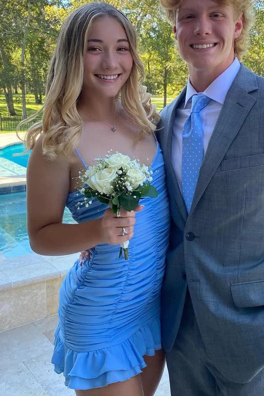 Spaghetti Straps V-Neck Ruffles Ruched Sleeveless Homecoming Dress