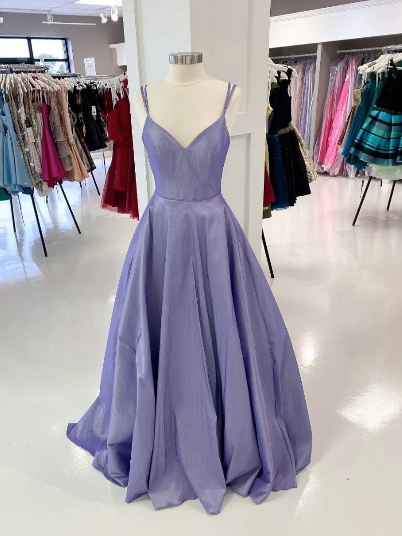 Purple v neck satin long prom dress purple evening dress