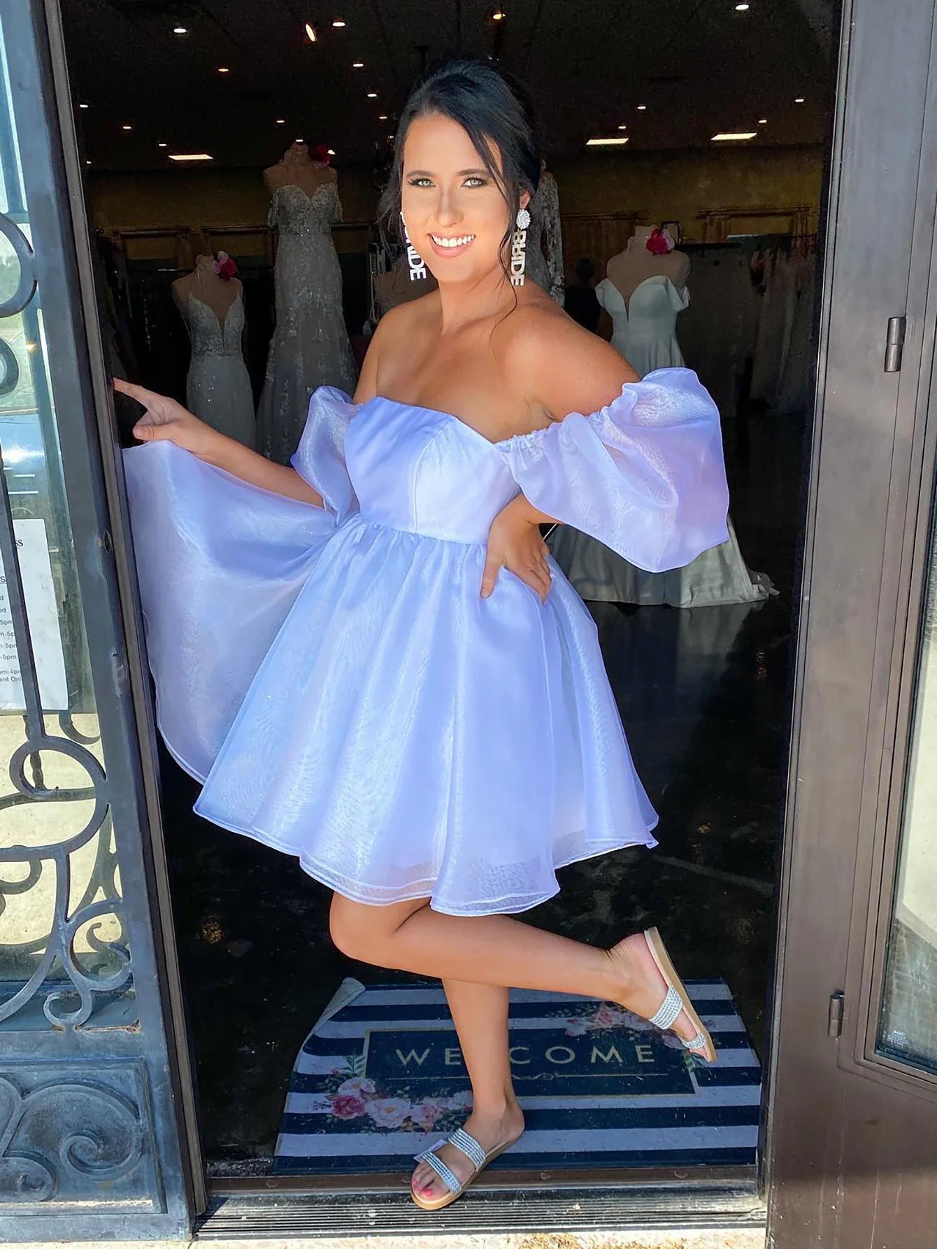 Light Blue Off the Shoulder A Line Homecoming Dress