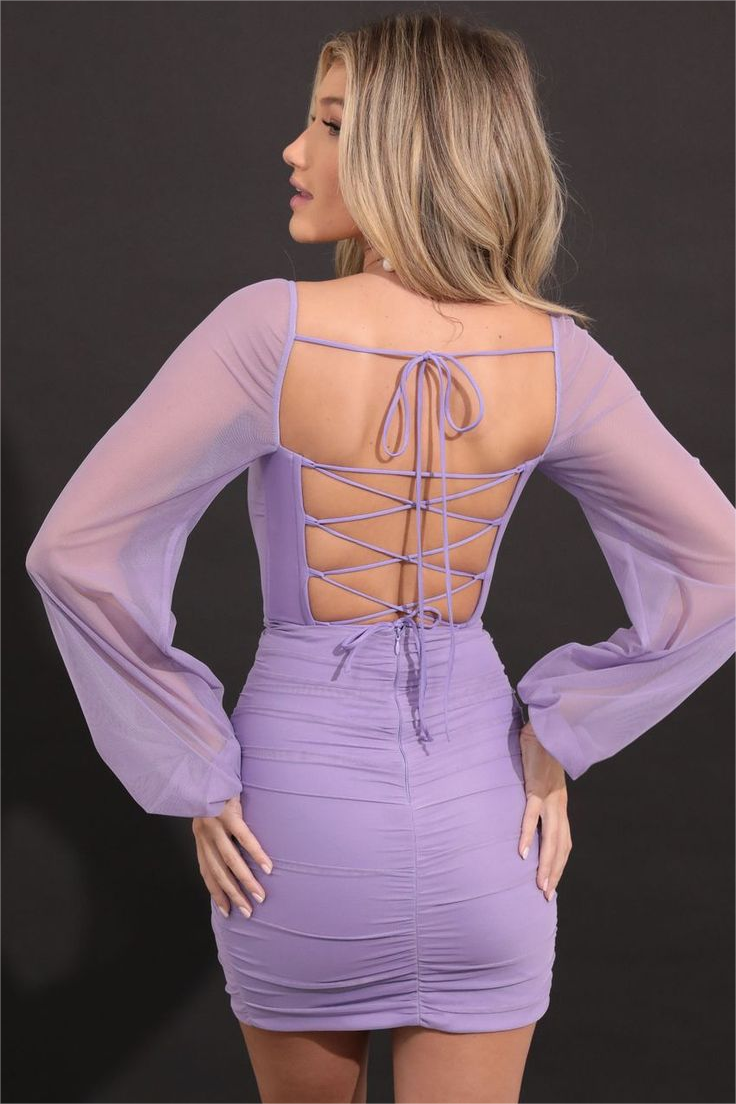 Simple Lilac Square Neck Long Sleeves Pleated Homecoming Dress With Split
