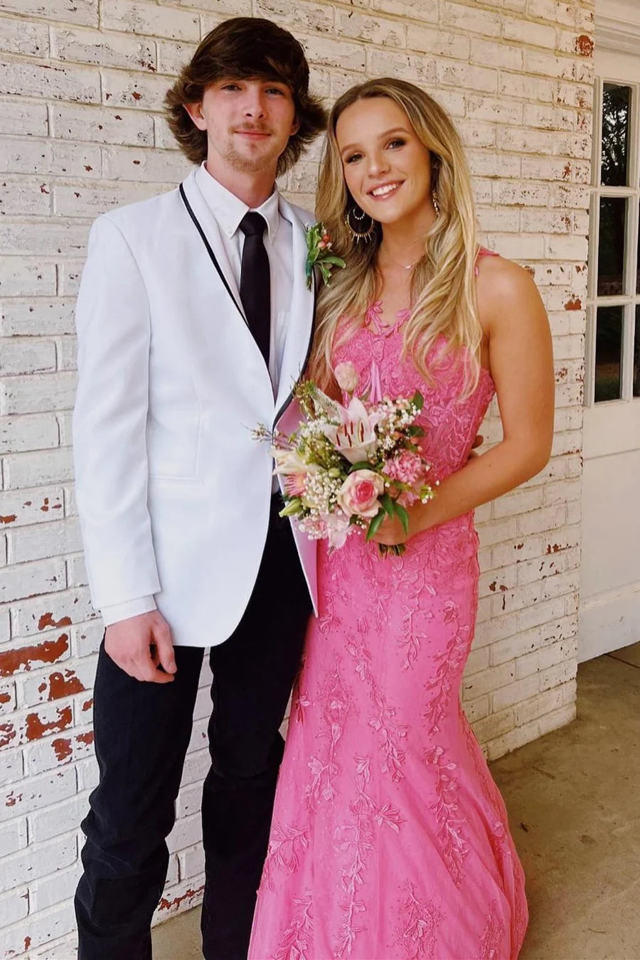 Red Halter Flower Straps Appliques Mermaid Long Prom Dress