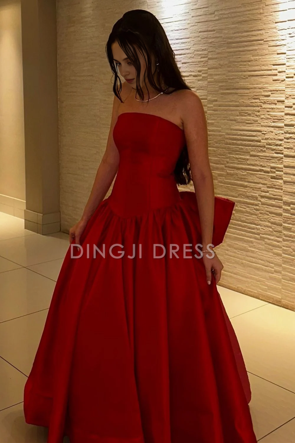 DingJiDress Charming A Line Strapless Long with Bowknot Exquisite Prom Dress