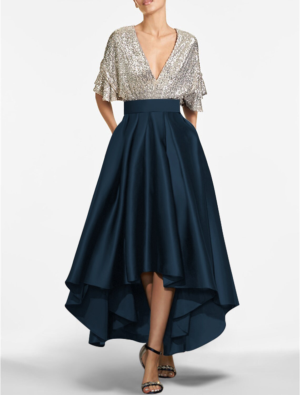 A-Line Cocktail Dresses Elegant Dress Cocktail Party Semi Formal Asymmetrical Short Sleeve Jewel Neck Fall Wedding Guest Satin with Sequin Derby Dresses