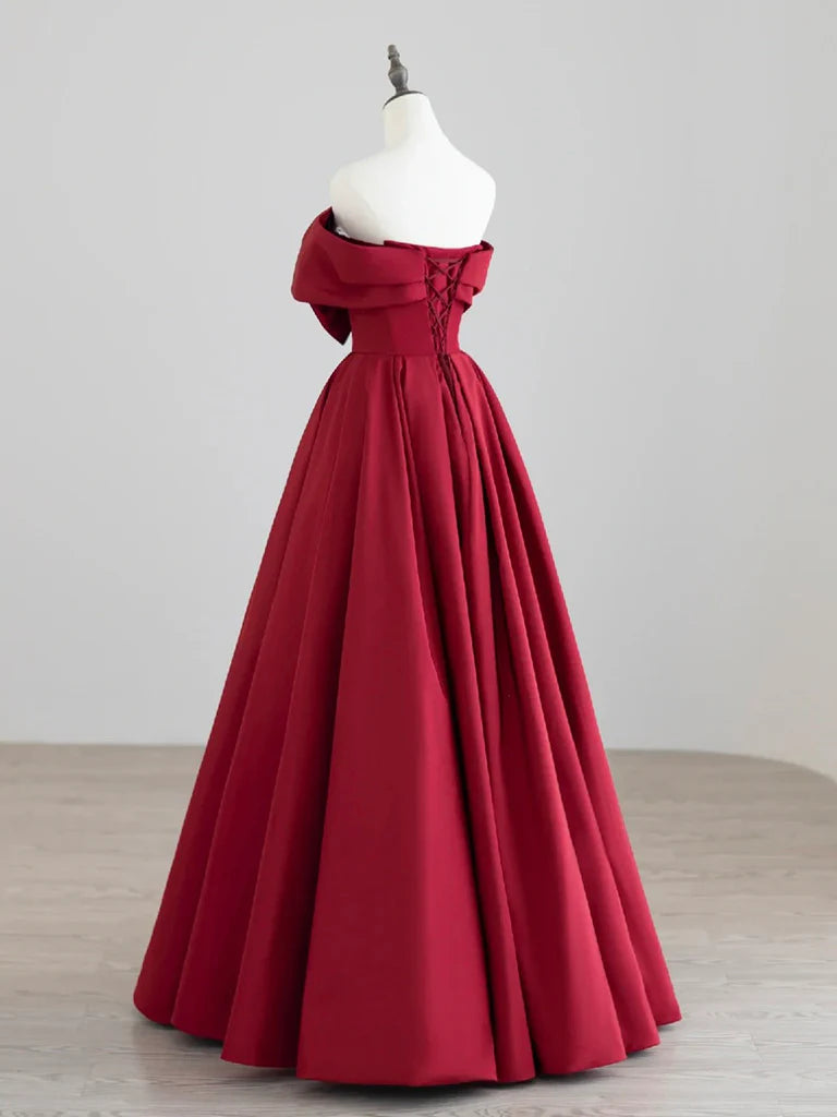 A-Line Satin Dark Red Long Prom Dress Dark Red Long Formal Dress
