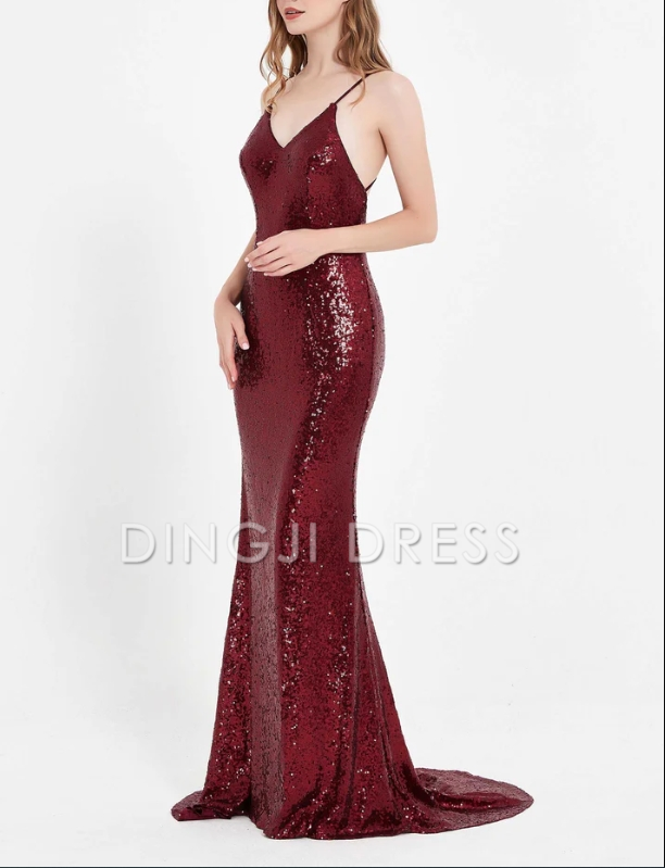 DingJiDress Evening Dress Charming Mermaid V Neck Spaghetti Straps Backless Lace up Bodycon Sequin Dress Sweep Train Sparkle Formal Dress