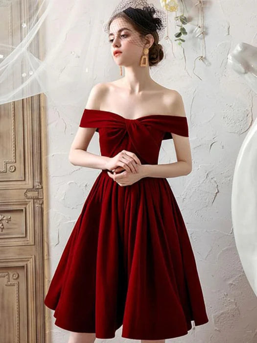 Off the Shoulder Burgundy Short Prom Off Shoulder Burgundy Homecoming Burgundy Formal Graduation Evening