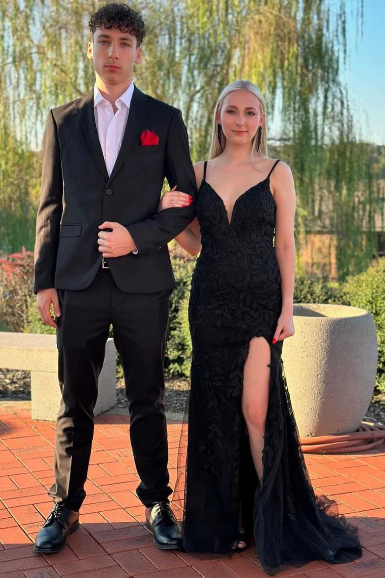 Black Spaghetti Straps V-Neck Lace Appliques Mermaid Prom Dress with Slit