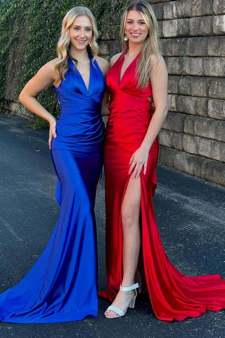 V-Neck Mermaid Sleeveless Pleated Satin Prom Dress with Slit