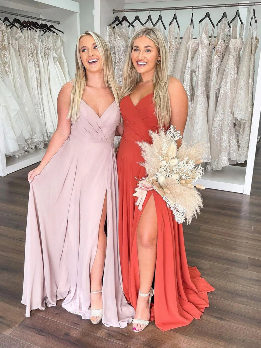 Simple v neck chiffon long prom dress A line bridesmaid dress