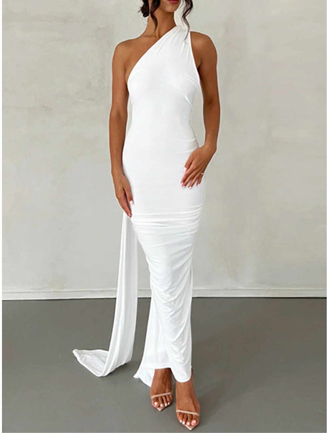 Glamorous Black Sheath One Shoulder Sleeveless Ruched Open-Back Backless Floor-Length Prom Dress